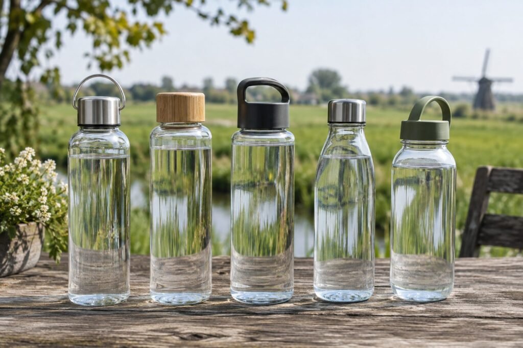 Hervulbare flessen met water op een houten tafel