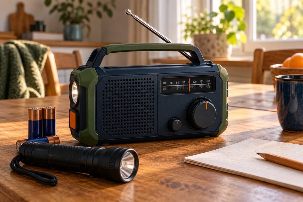 Compacte noodradio met batterijen en zaklamp op tafel