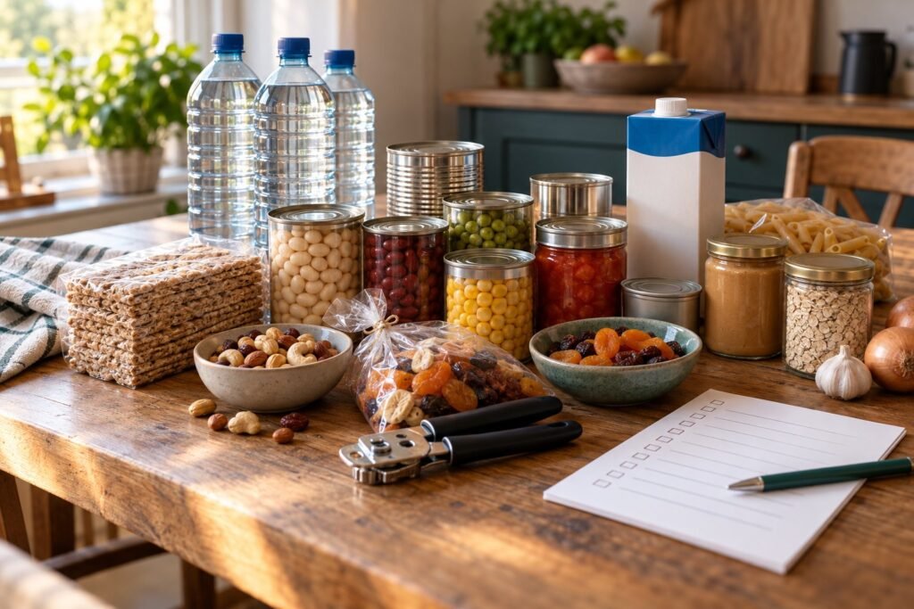 Houdbare voedselvoorraad voor een noodpakket op tafel
